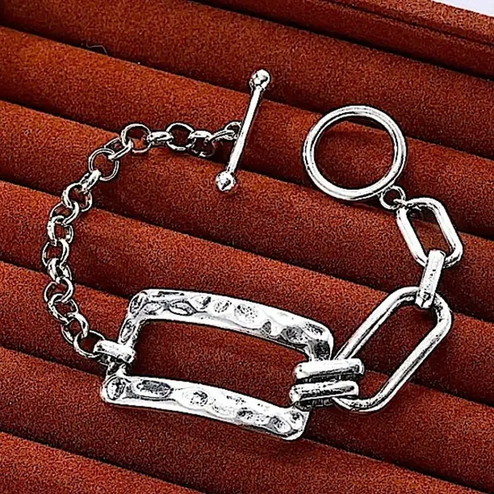 Stainless Steel Rectangular Bracelet Boho Hammered Chain Link